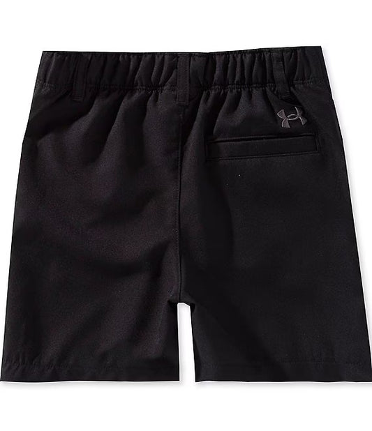 Short - Under Armour noir en polyester léger, vue de dos avec ceinture élastique réglable et poche arrière passepoilée.