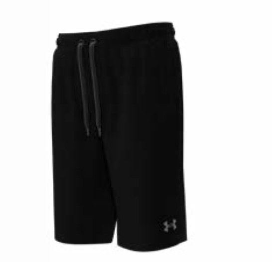 Short bain - Under Armour noir en polyester avec taille ajustable à cordons, vue de trois quarts, dimensions 552x527 paysage.