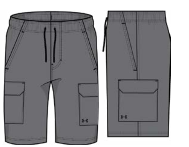 Short Cargo - Under Armour gris en polyester et spandex, style cargo avec cordons, vue de face et de côté, homme adulte.