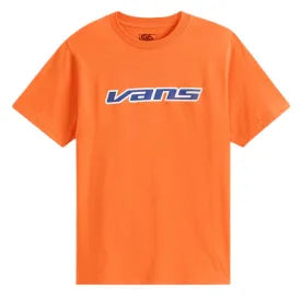 T-Shirt - Vans orange avec logo bleu et blanc centré, manches courtes, en coton, vue de face sur fond blanc.
