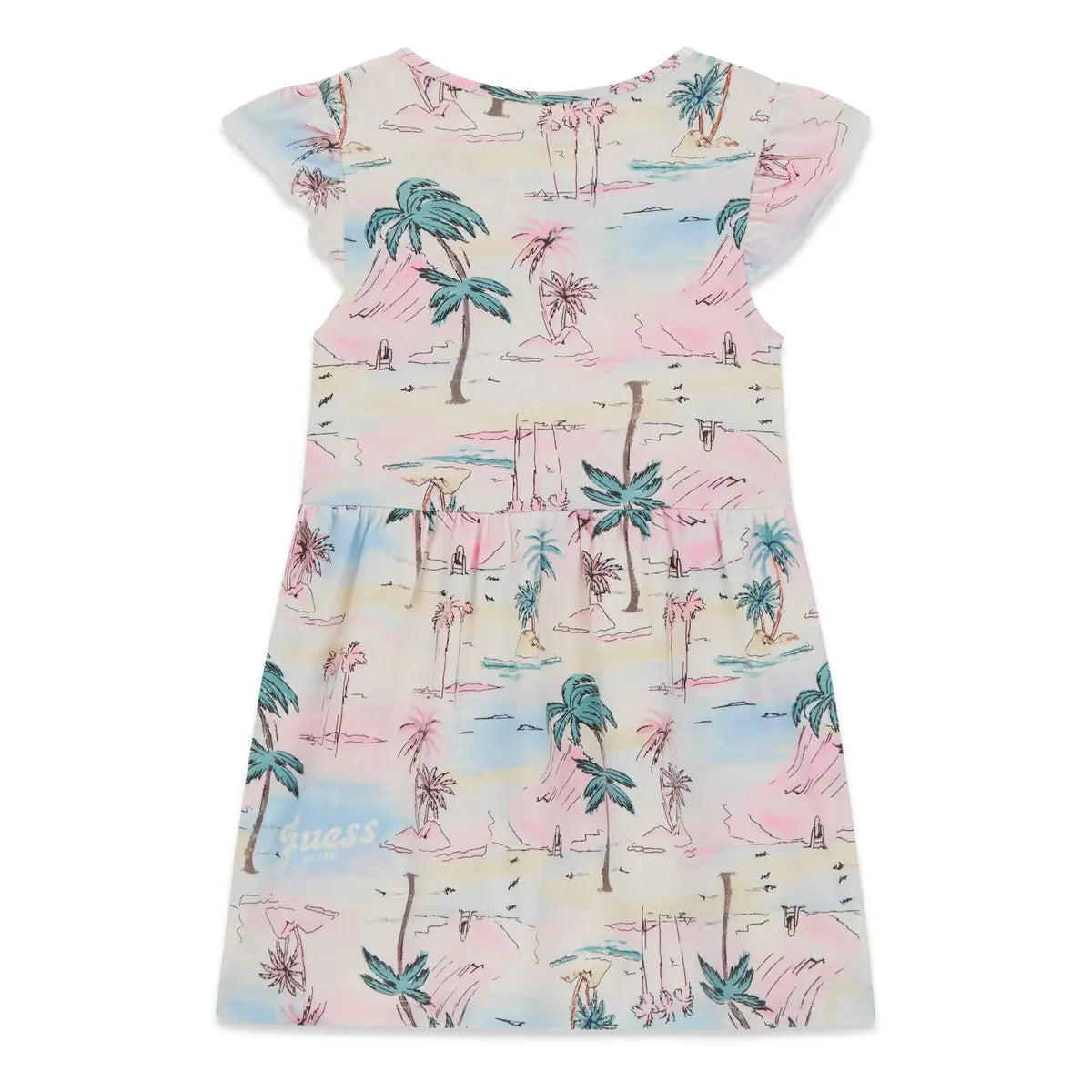 Robe - Guess enfant en coton avec manches courtes, imprimé tropical pastel rose bleu vert, vue de dos.