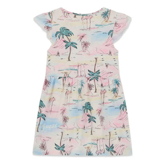 Robe - Guess enfant en coton avec manches courtes, imprimé tropical pastel rose bleu vert, vue de dos.