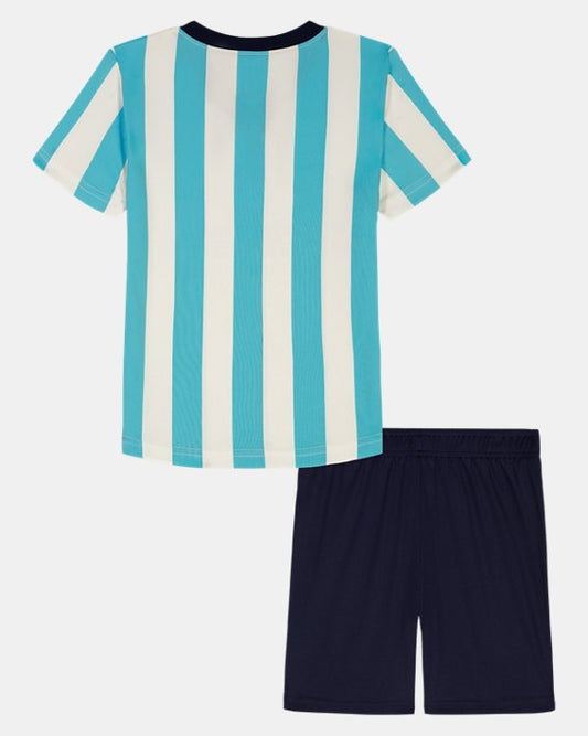 Ensemble Short - Under Armour avec t-shirt rayé bleu et blanc, short bleu marine, 100 % polyester, vue de dos, enfant.