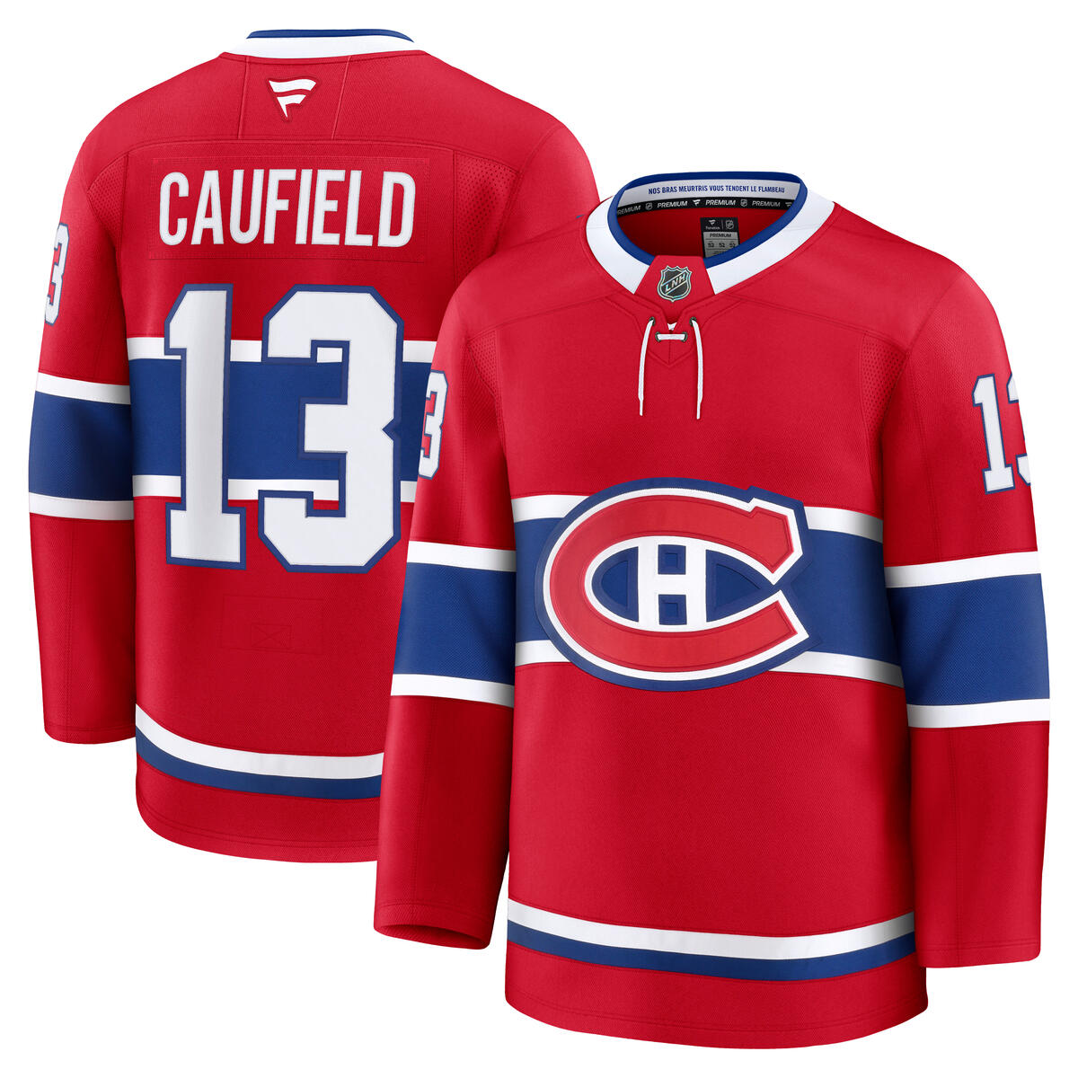 Maillot de hockey rouge avec logo bleu et blanc du Canadien de Montréal, numéro 13, nom Caufield, vue face et dos