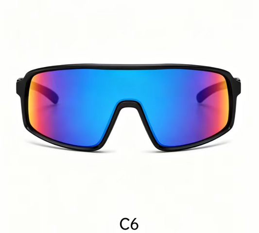 Lunettes de soleil - Kids avec monture noire et verres miroir dégradé bleu, orange et rose, style sport, vue de face.