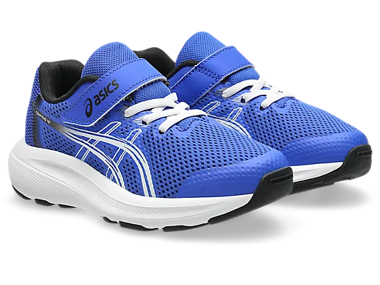 Espadrilles Contend 10 PS - Asics bleu royal avec détails blancs et noirs, en mesh respirant, chaussures enfants, vue trois quarts avant.