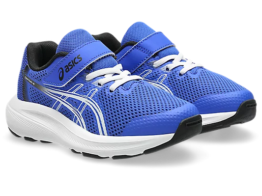 Espadrilles Contend 10 PS - Asics bleu royal avec détails blancs et noirs, en mesh respirant, chaussures enfants, vue trois quarts avant.