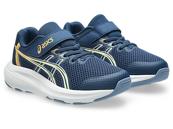Espadrilles Contend 10 PS - Asics bleu marine avec détails jaunes, en mesh respirant, pour enfant, vue de trois quarts avant.