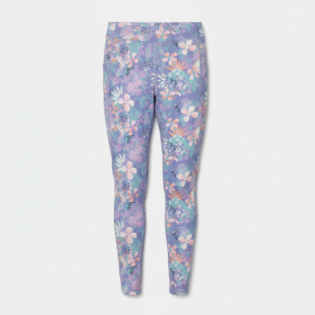 Legging - M.I.D à motifs floraux roses et verts sur fond lilas, style long, vue de face et dos, tissu polyester et élasthanne.