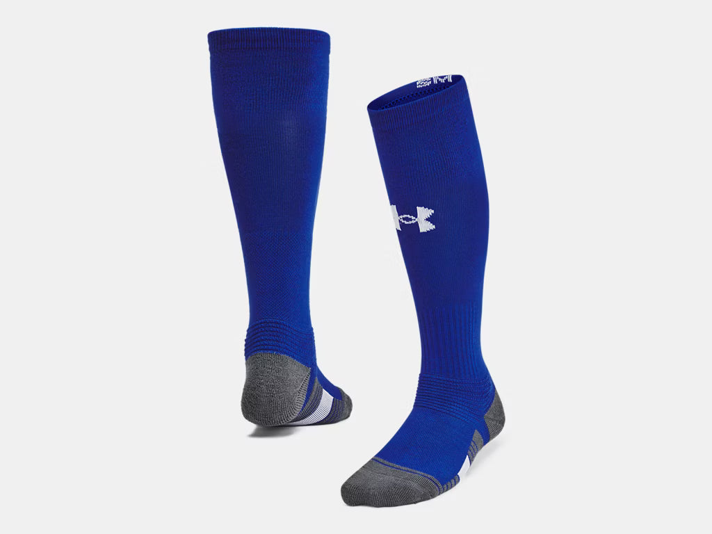Bas de Baseball - Under Armour bleu royal et gris, tissu compressif, vue de face et de dos, taille adulte.