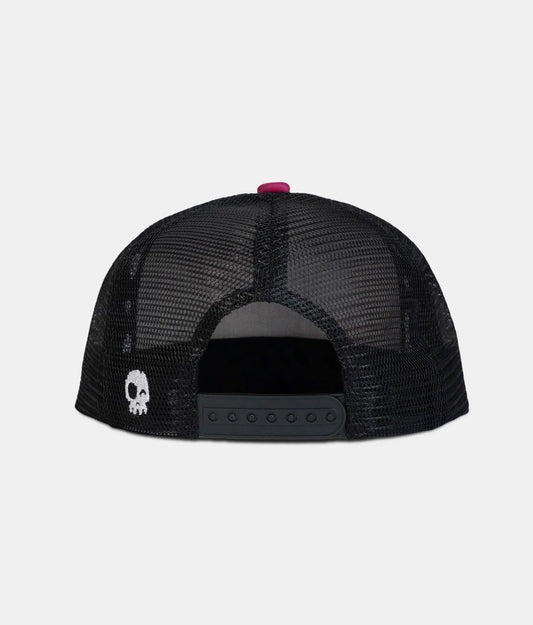 Casquette - Headster noire en maille synthétique, réglable à l’arrière, détail tête de mort blanche, vue de dos.