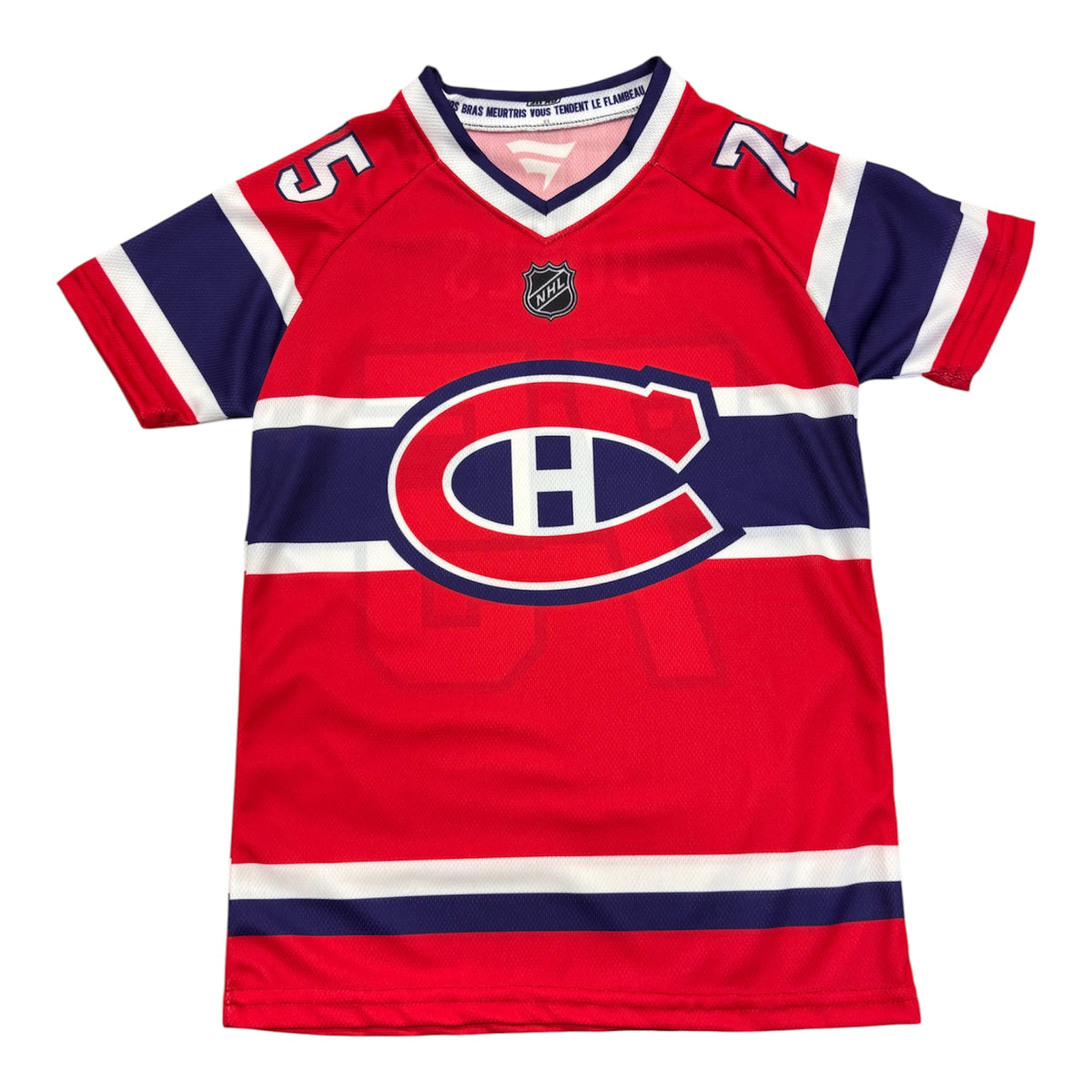 Jersey manches courtes rouge foncé - Dobes rouge blanc et bleu marine avec logo de hockey vue de face