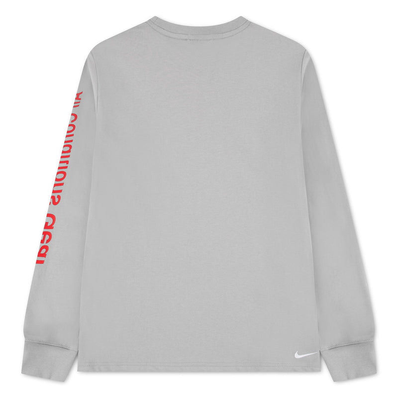 Chandail ACG Dri-FIT - Nike gris à manches longues avec inscription rouge sur la manche gauche et logo blanc au bas vue de face