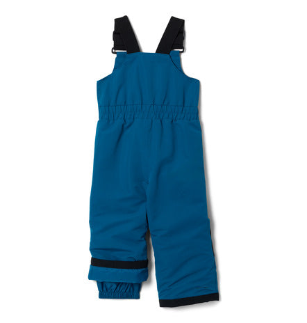 Habit de neige Buga Set - Columbia bleu avec bretelles noires ajustables, pantalon isolant pour enfant, vue de dos sur fond blanc.