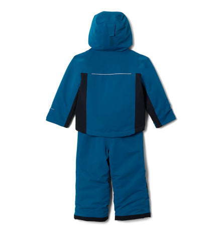 Habit de neige Buga Set - Columbia bleu et noir pour enfant, style combinaison avec capuche, vue de dos sur fond blanc.