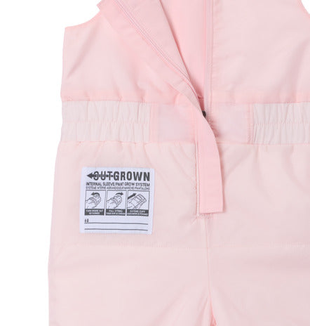 Habit de neige Buga Set - Columbia rose clair en tissu imperméable avec étiquette technique, vue détaillée sur la taille ajustable pour enfant.