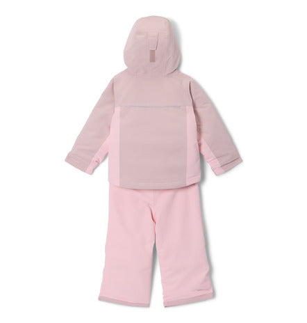 Ensemble imperméable rose clair avec veste à capuche et pantalon assorti, pour enfant, vue de dos.