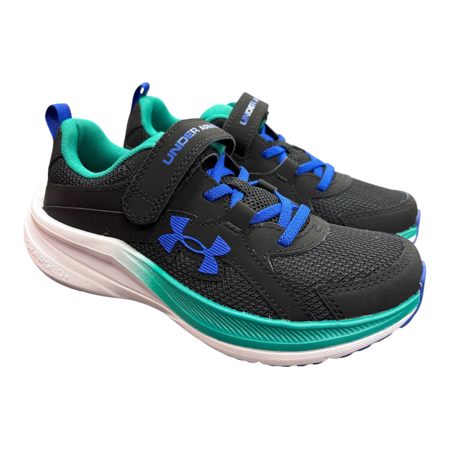 Espadrilles UA BPS Assert 11 Ac - Under Armour noires avec intérieur vert turquoise et lacets bleus, style sport pour enfant, vue de côté.