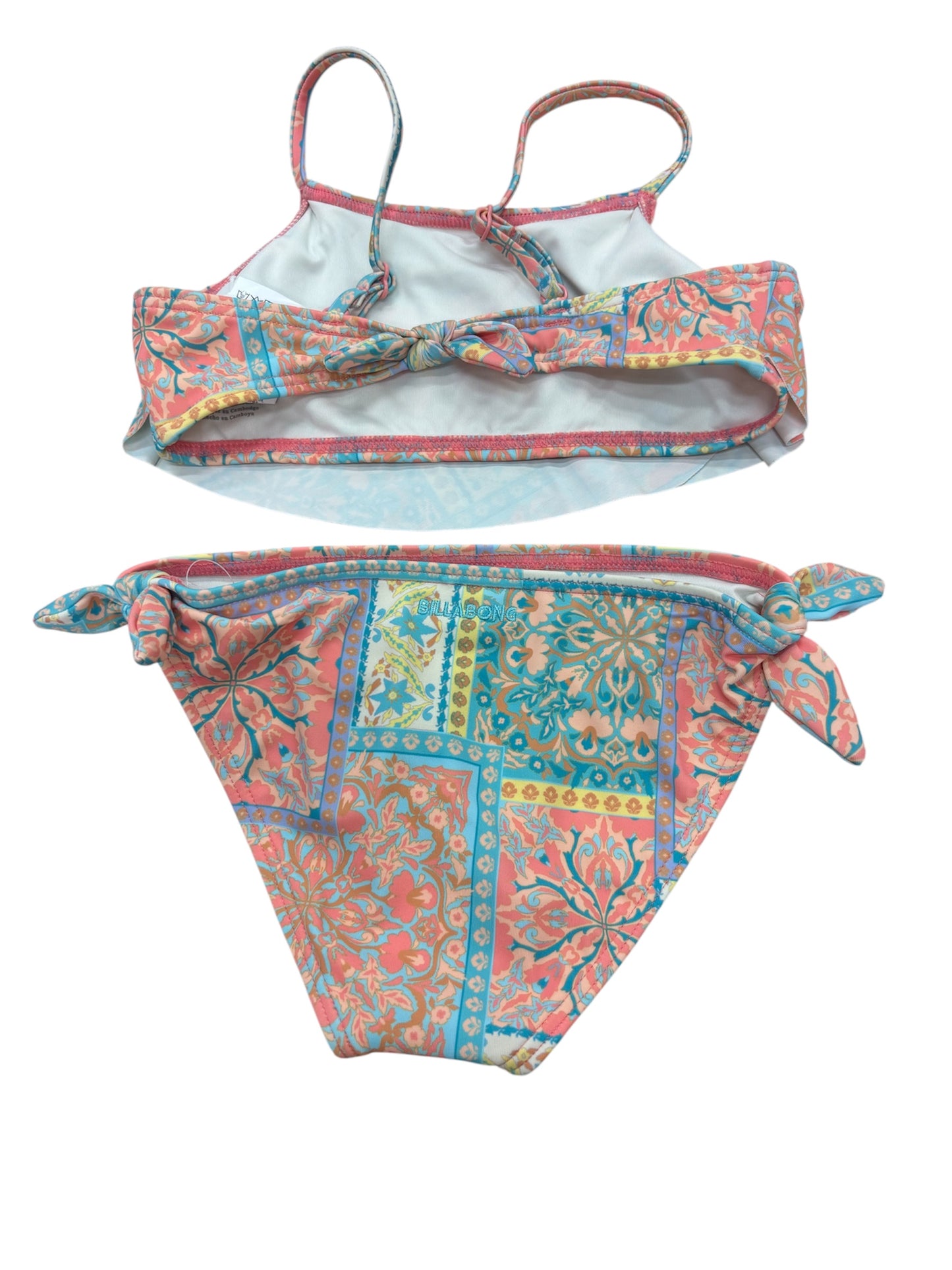 Maillot de bain 2 pièces - Billabong à motifs floraux orange, turquoise et beige, en polyester élasthanne, vue détail face et dos.