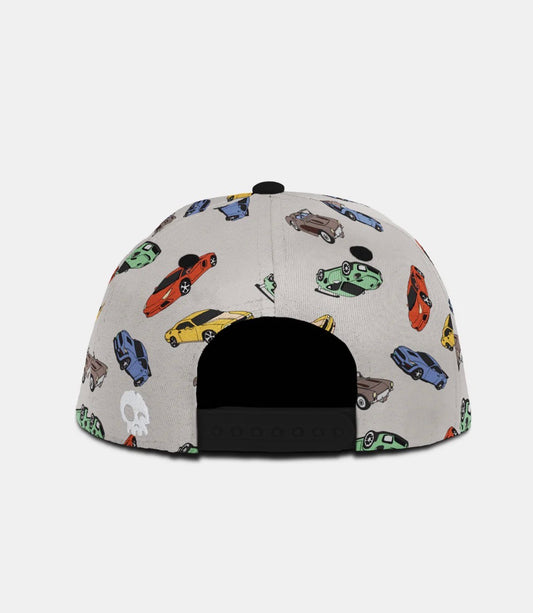 Casquette - Headster grise avec motifs de voitures multicolores, style enfant, vue de dos avec fermeture ajustable noire.