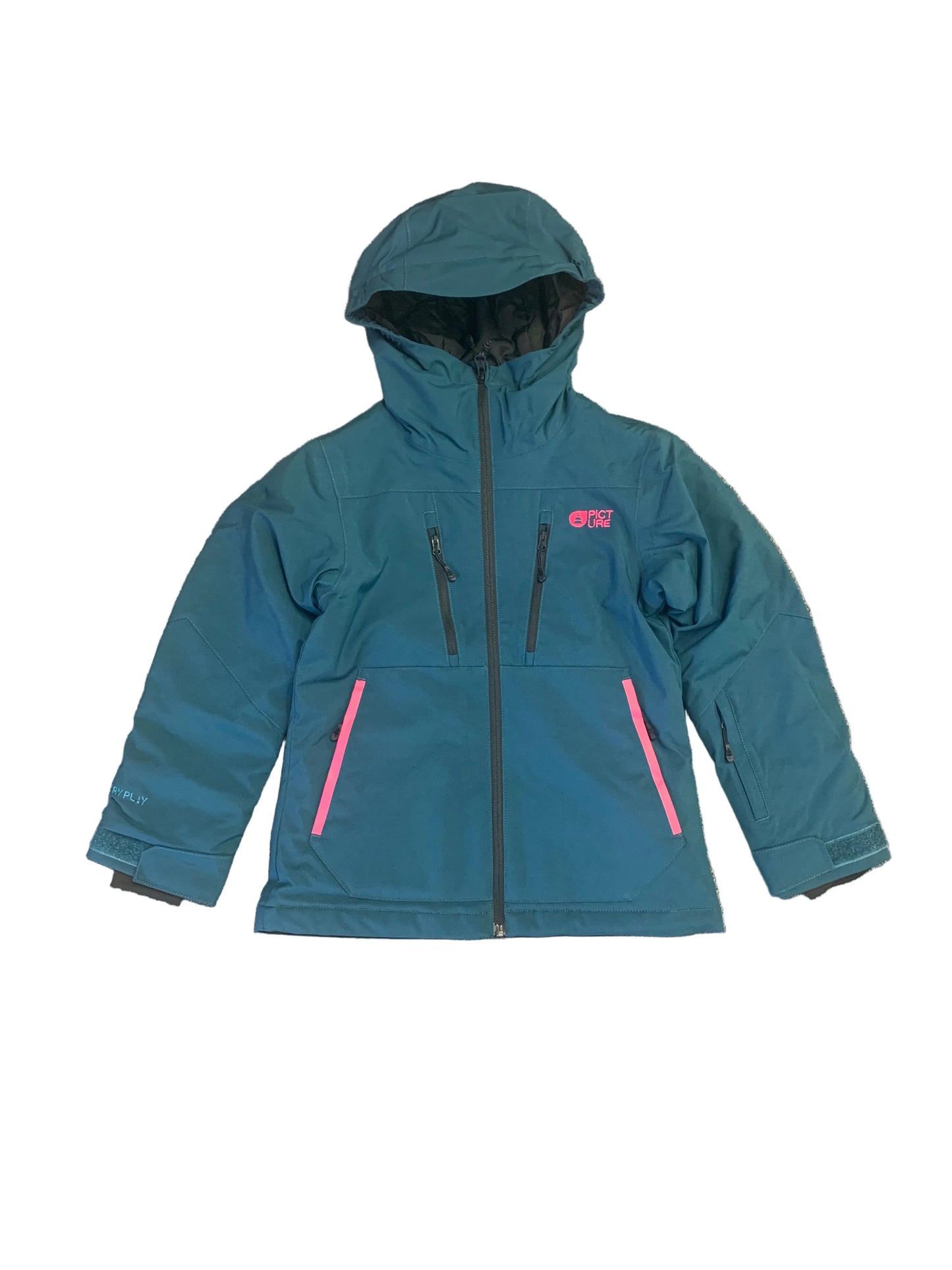 Manteau d'hiver Miniakin - Picture bleu pétrole avec détails roses, style à capuche zippé, pour enfant, vue de face sur fond blanc.