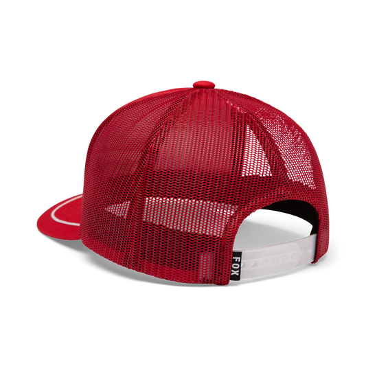 Casquette Honda Snapback - Fox rouge en maille avec fermeture réglable blanche, vue arrière détail du filet et boucle plastique