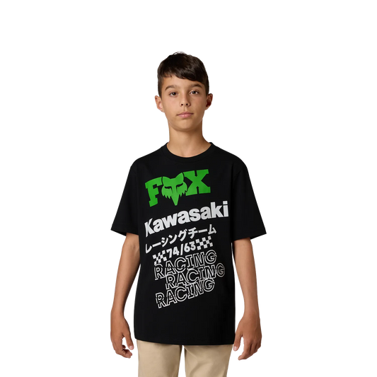 T-Shirt Kawi- Fox noir avec imprimés verts et blancs, coton, coupe standard, porté par garçon, vue de face