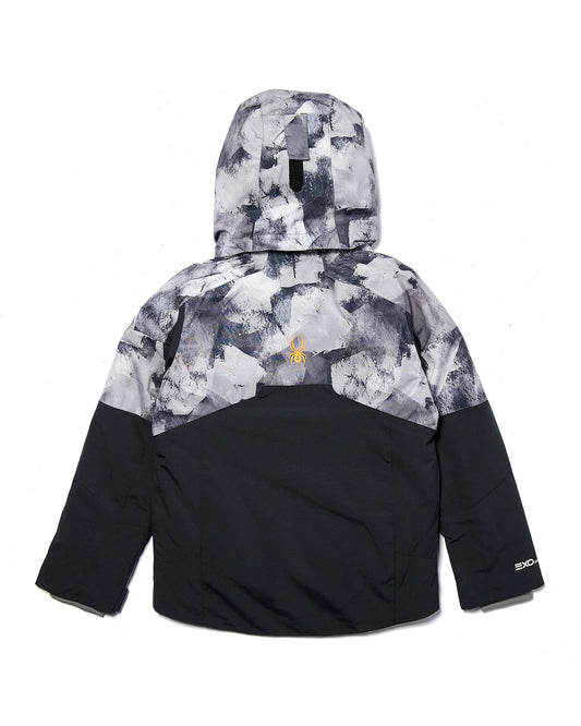 Manteau d'hiver Leader - Spyder unisexe noir et gris à imprimé abstrait, en polyester recyclé, vue de dos avec capuche.