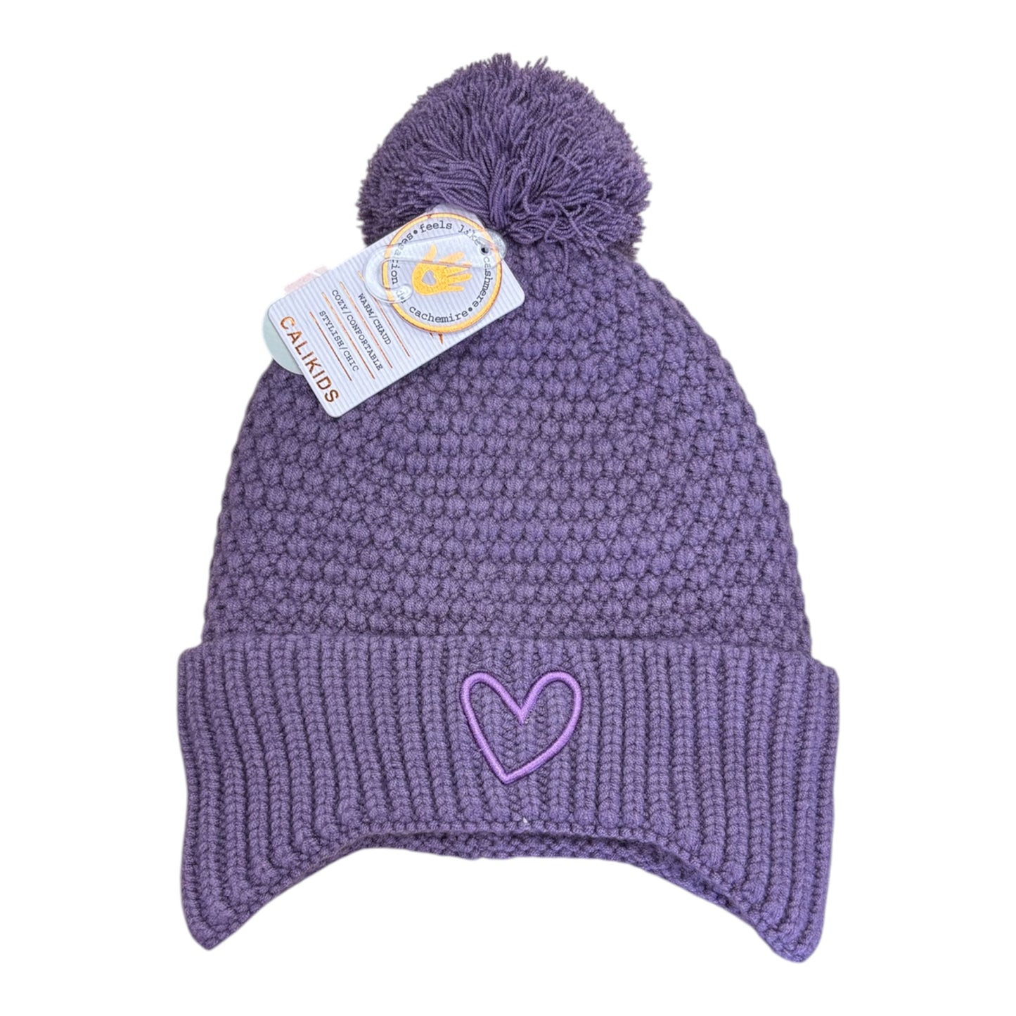 Tuque d'hiver - Calikids violette en tricot avec pompon et cœur sur revers côtelé, pour enfant, vue de face