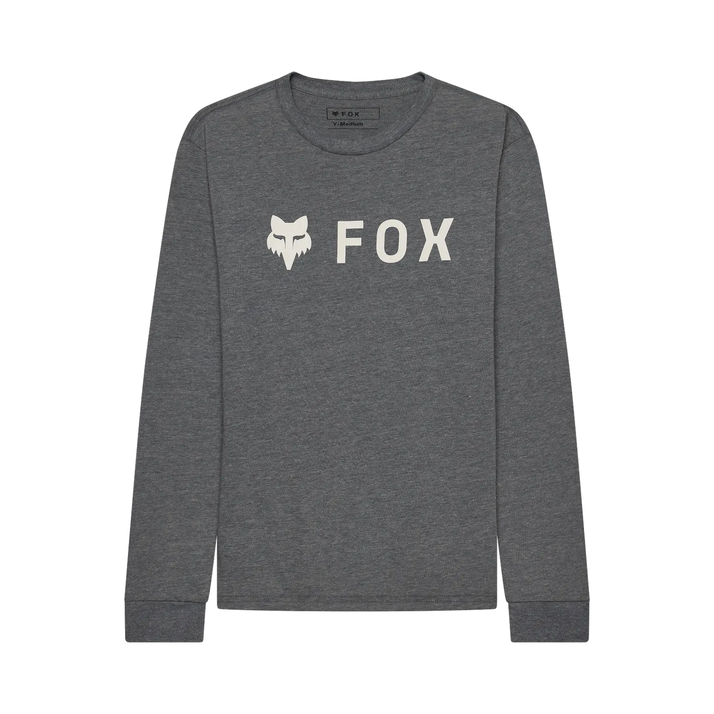 Sweat-shirt gris foncé à manches longues avec logo blanc "FOX" et tête de renard stylisée, vue de face.