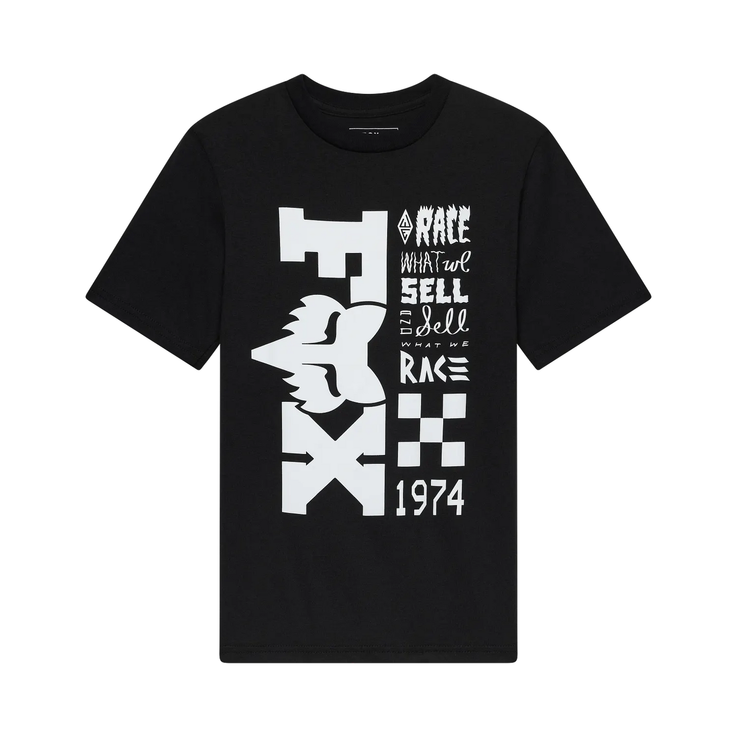 T-Shirt - Fox noir en coton avec imprimé graphique blanc stylisé et texte, pour enfant, vue de face.