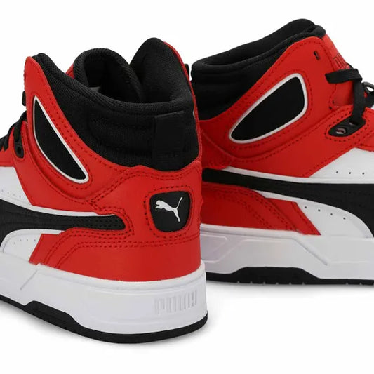 Chaussures RBD Break Mid Jr - Puma rouges, noires et blanches en cuir synthétique, style montantes pour enfant, vue de dos détaillée.