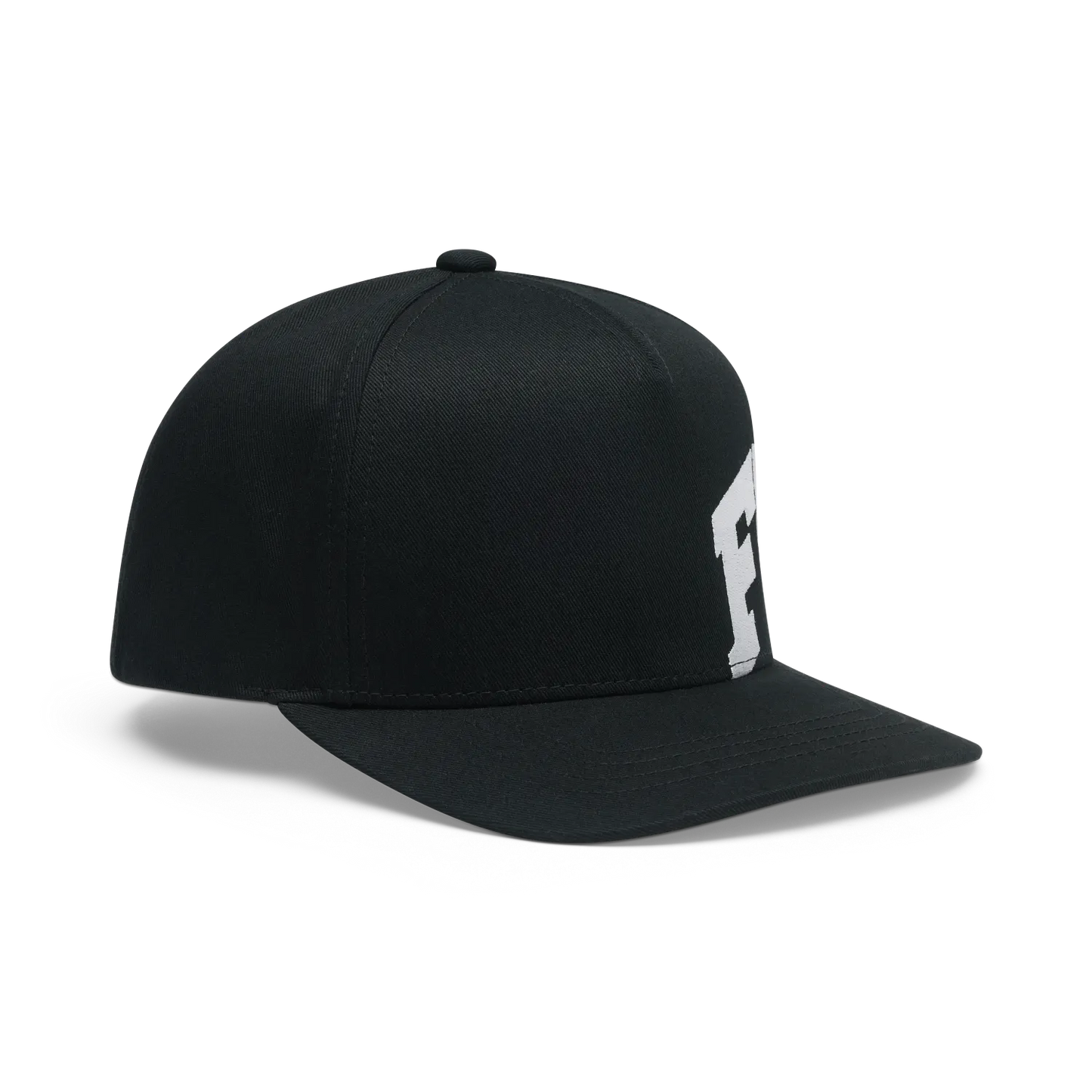 Casquette Snapback - Fox noire avec logo blanc sur le devant, style classique à visière plate, vue de trois-quarts droit.