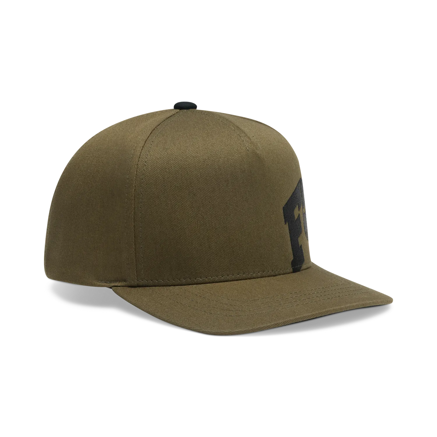 Casquette Snapback - Fox en tissu kaki avec visière plate et broderie noire sur le devant, vue de trois quarts avant.