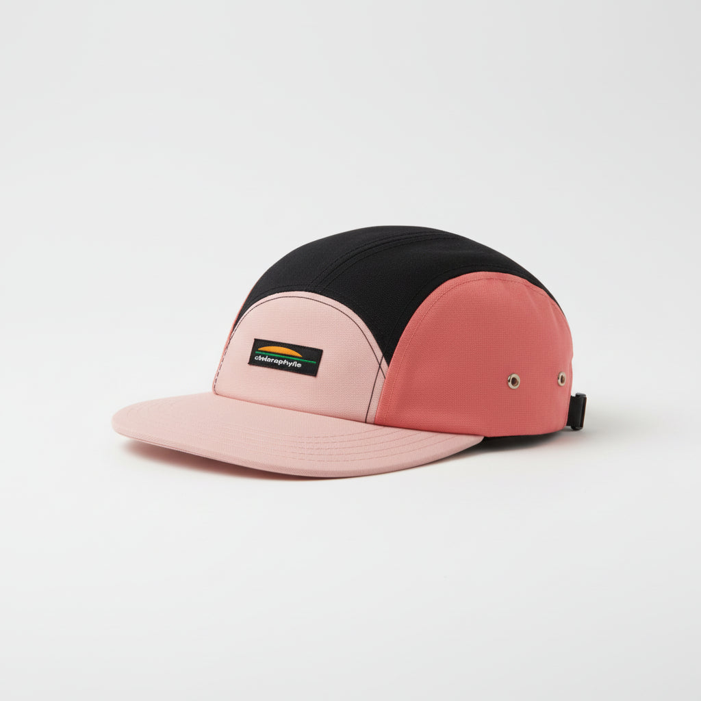 Casquette - Chlorophylle à cinq panneaux extensible en nylon ripstop recyclé noir et rose, vue de côté gauche