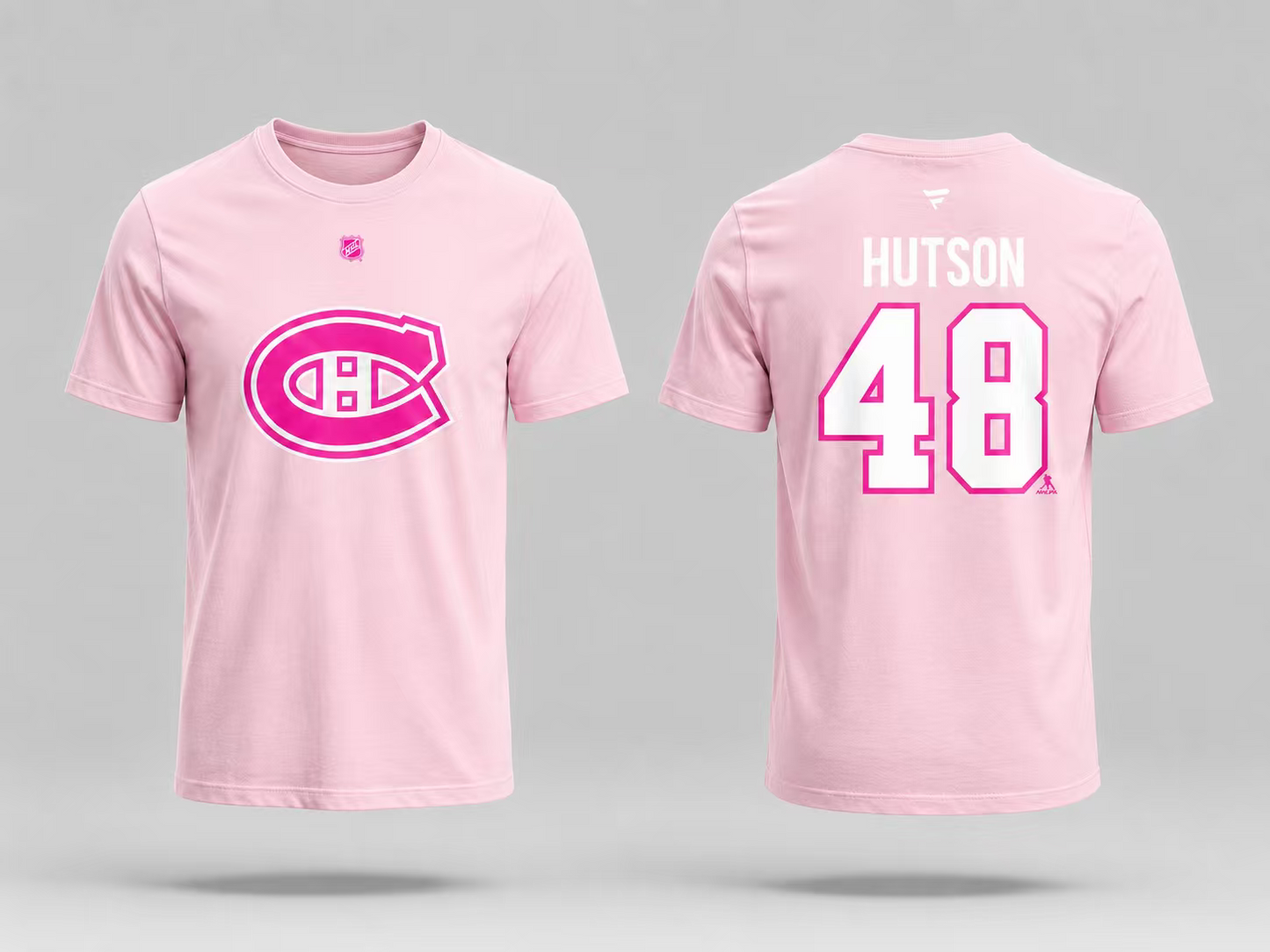 T-Shirt Canadiens Coton Rose - Hutson *3 pour 60$*, t-shirt rose clair en coton avec logo du Canadien de Montréal rose foncé sur le devant et nom "Hutson" avec numéro 48 blanc sur fond rose, vue avant et arrière.