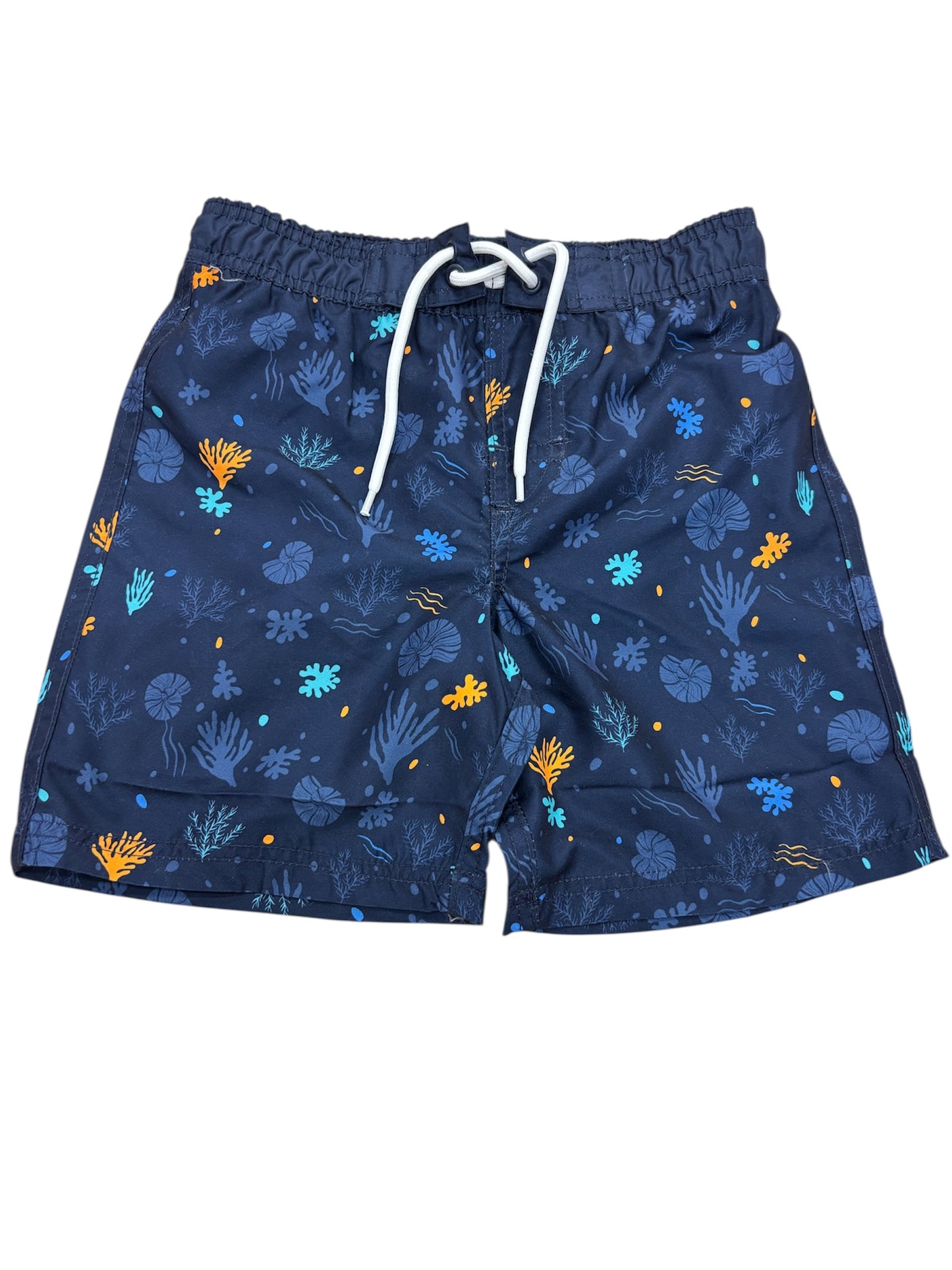 Maillot de bain - Northcoas short bleu marine à motifs marins orange et turquoise, taille enfant, vue de face