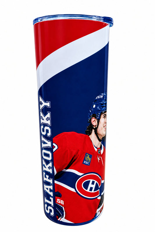Bouteille isotherme - Slafkovsky rouge, bleue et blanche avec joueur de hockey et logo des Canadiens de Montréal, vue de face