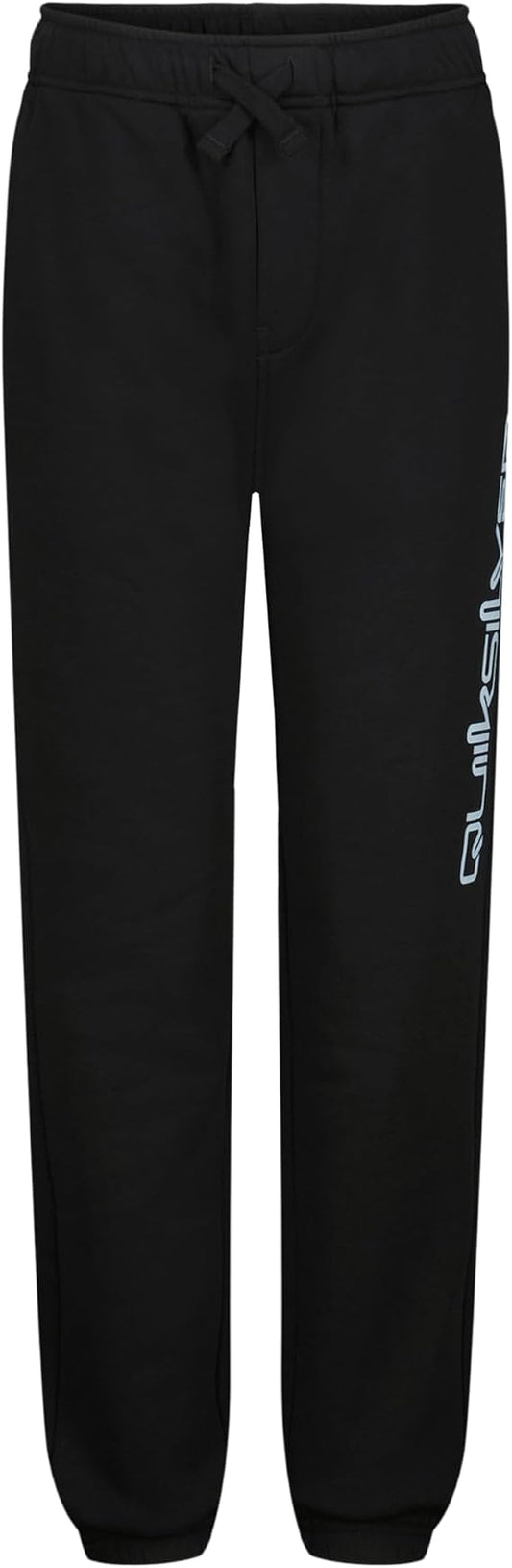 Pantalon - Quiksilver noir en molleton, coupe droite avec taille élastique et cordon, logo latéral blanc, vue de face.