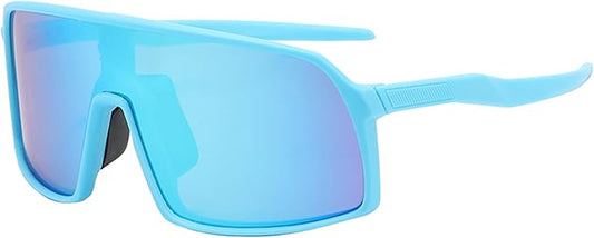 Lunettes de soleil - Kids bleu ciel à verres miroir bleus, style moderne, pour enfant, vue de profil angle frontal.