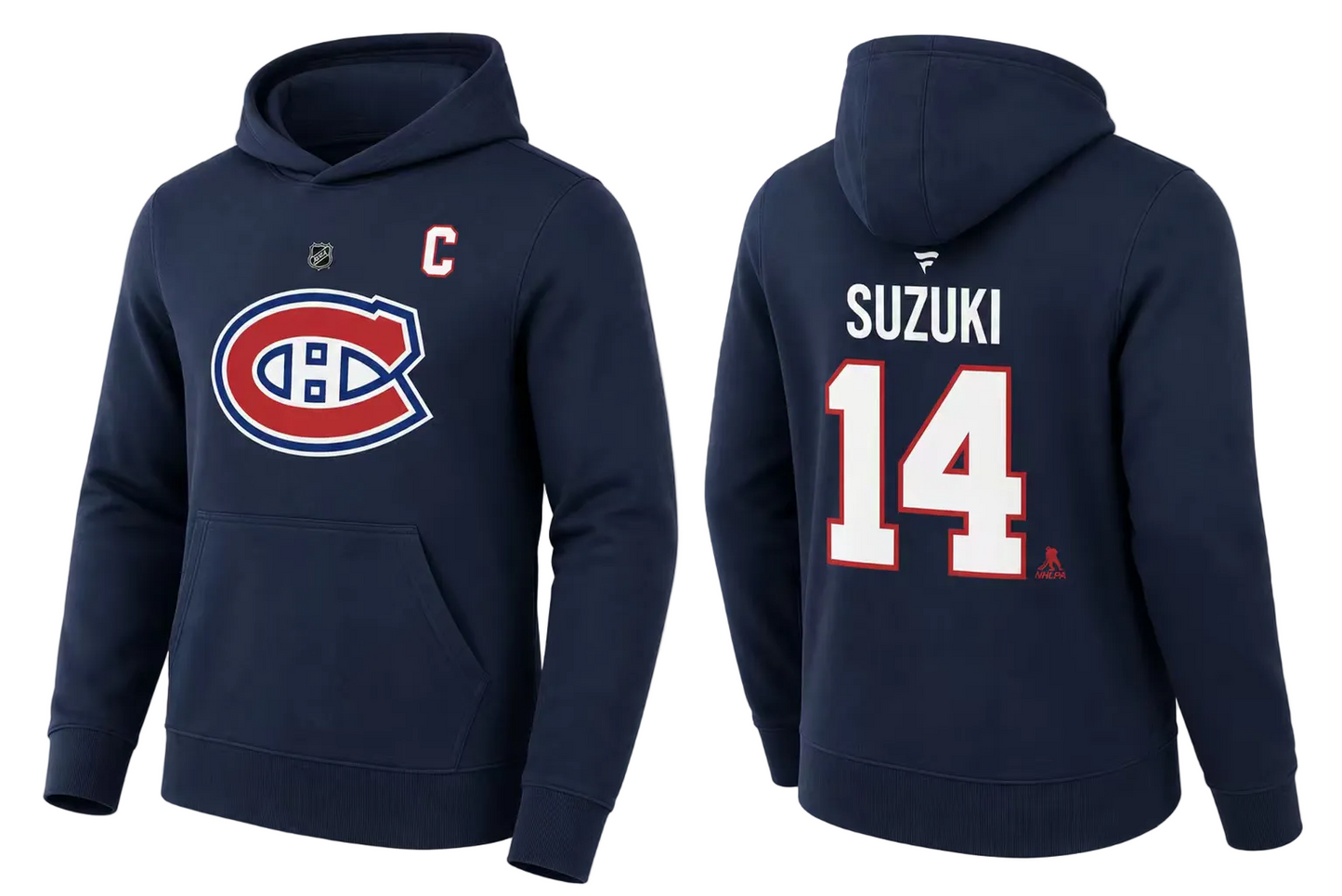 Hoodie Canadiens - Suzuki bleu marine en coton, style sport avec logo Canadiens sur le devant, numéro 14 et nom Suzuki au dos, vue avant et arrière.