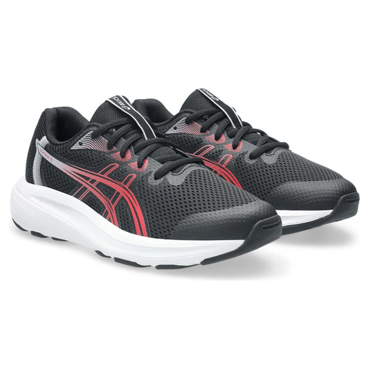 Espadrilles Contend 10 Gs - Asics noires et rouges en mesh respirant avec semelle blanche, vue de côté, style sportif pour enfant.