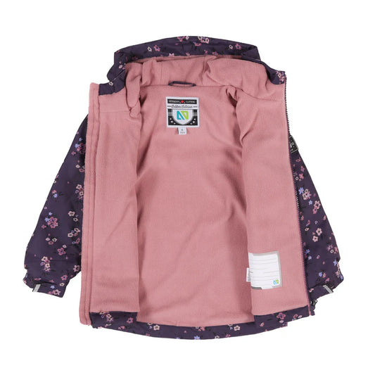Ensemble Mi-Saison Amélia - Nanö, veste pour enfant avec doublure rose en polaire, extérieur violet à imprimés floraux, vue intérieur face ouverte