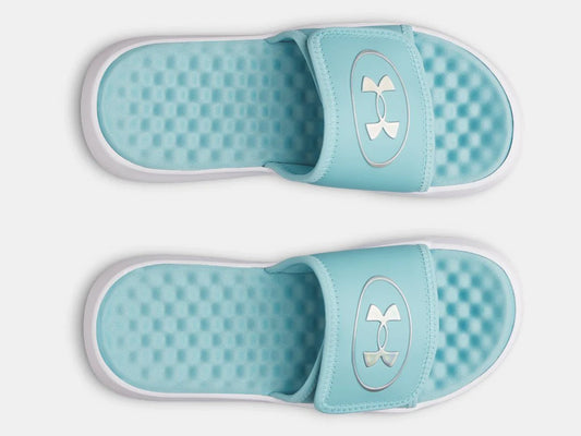 Sandales UA Ignite Pro 8 - Under Armour bleu clair avec sangle réglable, semelle à mémoire de forme, vue de dessus