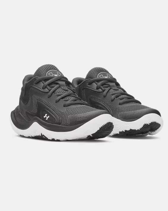 Espadrilles UA Jet'25 - Under Armour noires avec semelle blanche incurvée, mélange de matériaux, vue de face côté droit