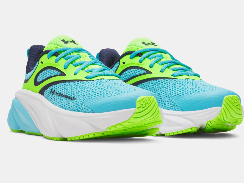 Espadrilles UA Rogue 6 - Under Armour bleu turquoise et vert fluo, mesh respirant, semelle épaisse, vue de face angle droit