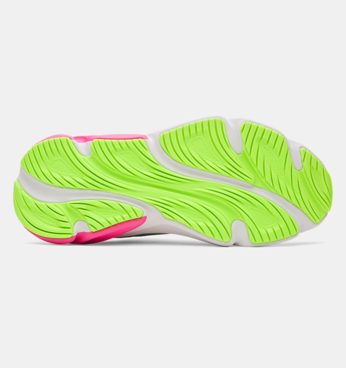 Espadrilles UA GGS Rogue 6 - Under Armour vue semelle verte et rose fluo avec détails en mousse blanche, enfant, vue dessous