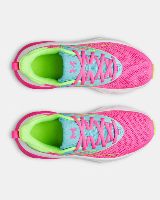 Espadrilles UA GGS Rogue 6 - Under Armour pour enfant, mesh rose et bleu clair, intérieur vert fluo, vue dessus.