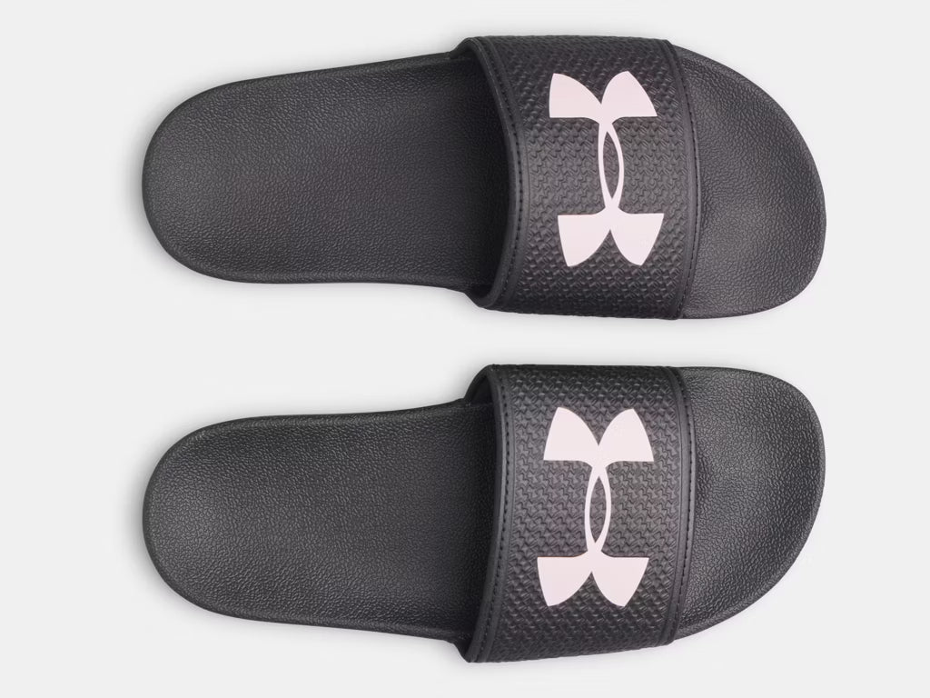 Sandales UA ARMR - Under Armour noires avec logo blanc, synthétique, pour fille, vue dessus en paire.