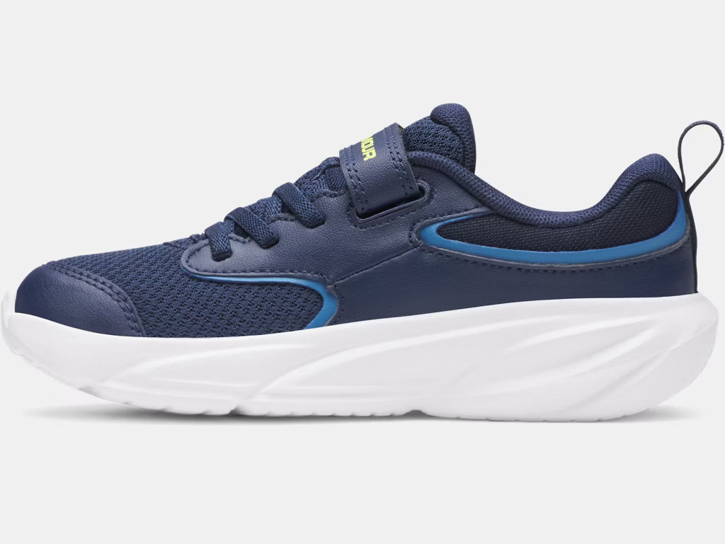 Espadrilles Surge 5 - Under Armour pour enfant, bleu marine avec semelle blanche, détails en mesh et fermeture par scratch, vue de profil côté extérieur.